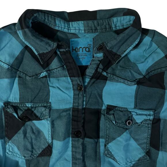 Kirra Black & Blue Plaid Checkered Button Up Western Cut Shirt Large - Picture 2 of 3